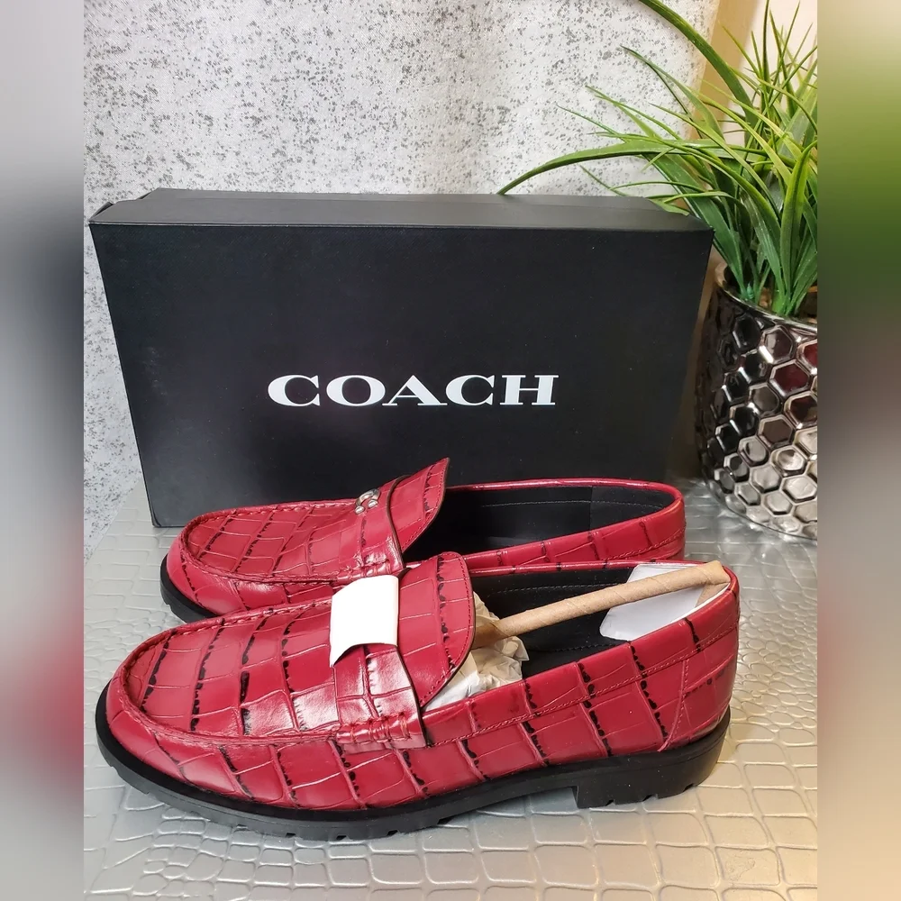 Coach NWB Joselyn Embossed Croc Loafers Dark Ruby Size 7B